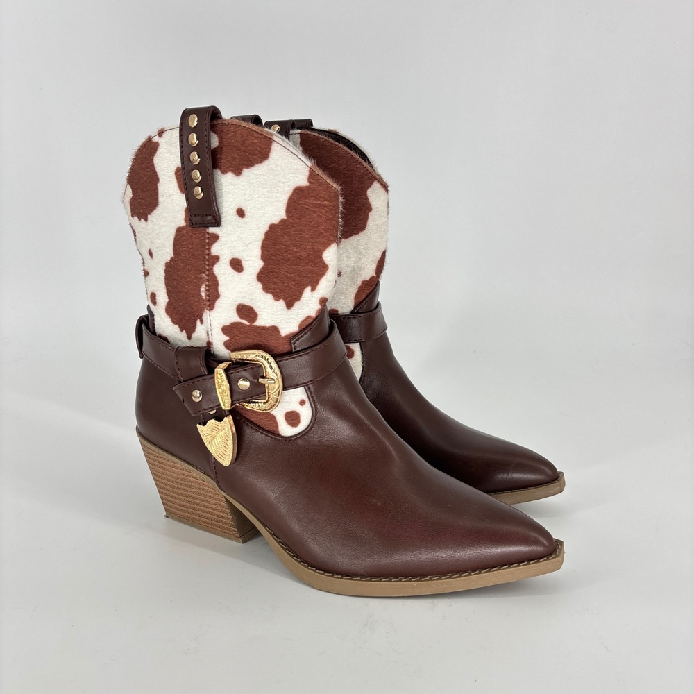 Seven7 Gayle Pointed Toe Western Booties Brown Women Size 9 Cow Print Buckle